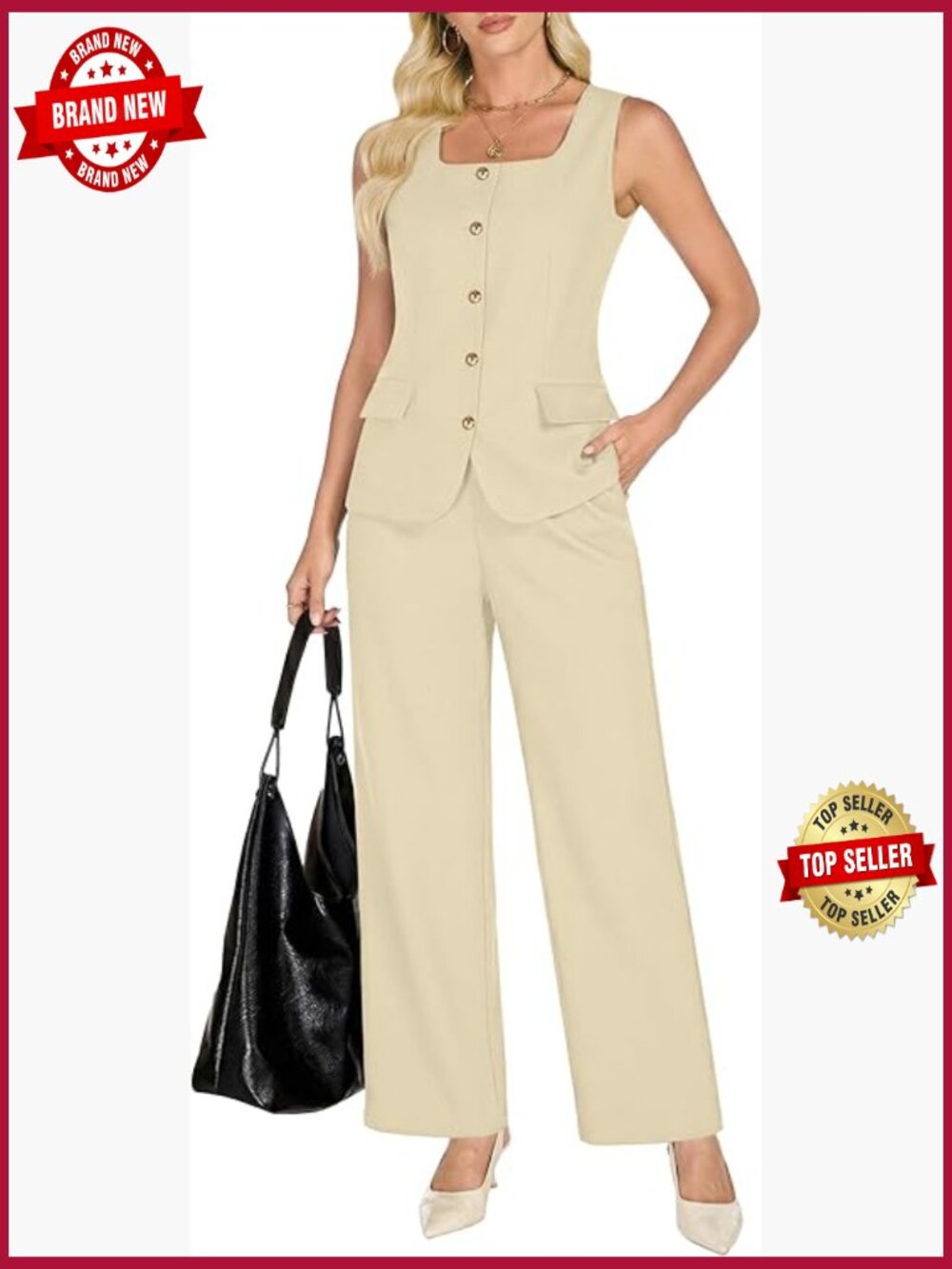 Dressy 2 Piece Sleeveless Blazer Vest Wide Leg Pantsuit Set Business Casual
